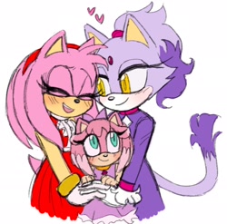 Size: 1936x1914 | Tagged: safe, artist:emthimofnight, amy rose, blaze the cat, oc, oc:camellia the cat, cat, hedgehog, 2024, amy x blaze, cute, eyes closed, family, fankid, female, females only, hearts, lesbian, looking at them, magical lesbian spawn, mother and daughter, parent:amy, parent:blaze, parents:blazamy, shipping, smile