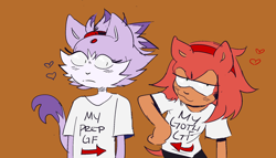 Size: 1280x731 | Tagged: safe, artist:punkray, amy rose, blaze the cat, 2017, alternate outfit, amy x blaze, brown background, clothes, duo, frown, heart, lesbian, lidded eyes, looking at them, looking at viewer, shipping, shirt, simple background, smile, wink, words on a shirt