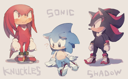 Size: 900x561 | Tagged: safe, artist:fumomo, knuckles the echidna, shadow the hedgehog, sonic the hedgehog, blushing, character name, cute, frown, grey background, knucklebetes, question mark, shadowbetes, simple background, sonabetes, trio