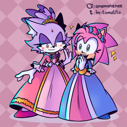 Size: 1000x1000 | Tagged: safe, artist:lm-tomatito, amy rose, blaze the cat, cat, hedgehog, 2024, amy x blaze, cute, dress, female, females only, hands together, lesbian, shipping, sparkles