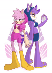 Size: 1280x1797 | Tagged: safe, artist:sonicvy, amy rose, blaze the cat, cat, hedgehog, 2017, amy x blaze, cute, female, females only, holding hands, lesbian, looking at them, shipping