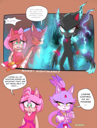 Size: 1280x1680 | Tagged: safe, artist:askamaze, amy rose, blaze the cat, sonic the hedgehog, cat, hedgehog, 2018, amy x blaze, amy's halterneck dress, arms folded, blaze's tailcoat, crying, english text, female, lesbian, male, prototype blaze, shipping, speech bubble