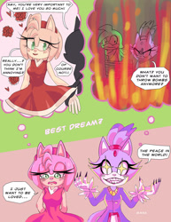 Size: 1280x1657 | Tagged: safe, artist:askamaze, amy rose, bean the dynamite, blaze the cat, cat, hedgehog, 2018, amy x blaze, amy's halterneck dress, blaze's tailcoat, claws, dreaming, english text, female, flame, lesbian, male, rose, shipping, sparkles, speech bubble, woodpecker
