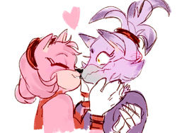Size: 700x525 | Tagged: safe, artist:picantemami, amy rose, blaze the cat, cat, hedgehog, 2017, amy x blaze, blushing, cute, eyes closed, female, females only, hand on back, hand on chin, heart, kiss, lesbian, shipping