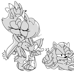 Size: 937x935 | Tagged: safe, artist:korbydaze, amy rose, blaze the cat, shadow the hedgehog, amy x blaze, eyes closed, greyscale, heart, kiss, lesbian, meme, monochrome, shipping, signature, simple background, standing, star (symbol), thumbs up, trio, white background