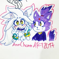 Size: 1280x1280 | Tagged: safe, artist:jokesitos-art, blaze the cat, silver the hedgehog, blazebetes, blushing, cute, duo, looking at them, signature, silvabetes, sweatdrop, traditional media, worried