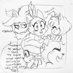 Size: 1280x1280 | Tagged: safe, artist:jokesitos-art, amy rose, blaze the cat, silver the hedgehog, amy x blaze, amybetes, blazebetes, blushing, cute, dialogue, english text, frown, holding hands, jealously, lesbian, line art, shipping, silvabetes, sweatdrop, traditional media, trio