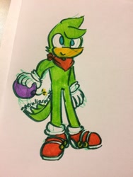 Size: 960x1280 | Tagged: safe, artist:apeculiarartist, bean the dynamite, bomb, holding something, looking offscreen, markerwork, penwork, signature, smile, solo, standing, traditional media