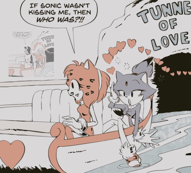 Size: 1644x1486 | Tagged: safe, artist:vegejoice, amy rose, blaze the cat, cat, hedgehog, 2024, amy x blaze, amy's halterneck dress, archie comics, blaze's tailcoat, cute, english text, featured image, female, females only, hearts, kiss marks, lesbian, reference inset, shipping, speech bubble