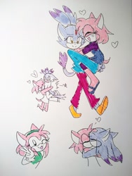 Size: 1536x2048 | Tagged: dead source, safe, artist:magicstormfrost, amy rose, blaze the cat, alternate outfit, amy x blaze, amybetes, blazebetes, carrying them, clothes, cute, duo, flustered, heart, holding them, hugging, kiss, lesbian, looking at them, shipping, smile, traditional media, v sign, walking