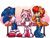 Size: 1284x980 | Tagged: safe, artist:just_marcyart, artist:justmarcysstuff, amy rose, sally acorn, sonic the hedgehog, abstract background, bench, food, holding something, ice cream, signature, sitting, smile, sparkles, trio