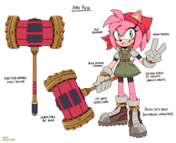 Size: 2048x1664 | Tagged: safe, artist:droffie, amy rose, alternate outfit, alternate universe, au:team emerald, boots, clothes, dress, english text, headscarf, looking at viewer, piko piko hammer, reference sheet, shorts, simple background, smile, solo, v sign, white background