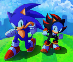 Size: 2048x1733 | Tagged: safe, artist:k3llywolfarts, sonic the hedgehog, sonic x shadow generations, abstract background, classic sonic, clenched fist, daytime, duo, kigurumi, looking at viewer, outdoors, self paradox, shadow onesie, smile