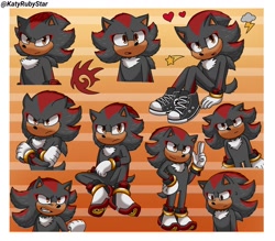 Size: 1200x1050 | Tagged: safe, artist:katyrubystar, shadow the hedgehog, sonic the hedgehog 3 (film), 2024, abstract background, aged down, border, child, frown, heart, mouth open, shadow's logo, shooting star, smile, solo, star (symbol), striped background, younger
