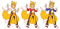 Size: 1195x583 | Tagged: safe, artist:thepinkgalaxy, miles "tails" prower, human, alternate universe, au:fate grand order, clothes, humanized, partially humanized, simple background, smile, solo, v sign, white background