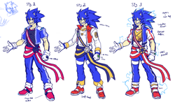 Size: 1152x675 | Tagged: safe, artist:thepinkgalaxy, sonic the hedgehog, human, alternate universe, au:fate grand order, clothes, electricity, english text, humanized, partially humanized, simple background, smile, solo, standing, white background