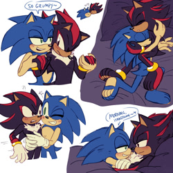 Size: 2000x2000 | Tagged: safe, artist:emthimofnight, shadow the hedgehog, sonic the hedgehog, 2024, abstract background, barefoot, bed, blushing, cuddling, cute, dialogue, duo, english text, gay, holding each other, holding hands, holding them, paws, shadow x sonic, shipping, speech bubble