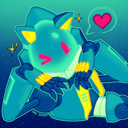 Size: 1280x1280 | Tagged: safe, artist:son1c, chaos sonic, sonic prime, gradient background, heart, looking at viewer, lying on side, outline, posing, robot, signature, solo, sparkles, wink