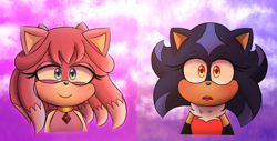 Size: 2048x1044 | Tagged: safe, artist:adoralea, oc, oc:camellia the cat, oc:stellar the hedgehog, cat, hedgehog, 2024, abstract background, blushing, camilla x stellar, clouds, duo, fankid, lesbian, magical lesbian spawn, parent:amy, parent:blaze, parent:shadow, parent:sonic, parents:blazamy, parents:sonadow, shipping