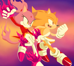 Size: 2800x2500 | Tagged: safe, artist:siggiedraws, blaze the cat, burning blaze, sonic the hedgehog, super sonic, super form