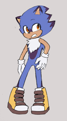 Size: 1129x2048 | Tagged: safe, artist:itz-pandora, oc, oc:spirit the hedgehog, hedgehog, blue fur, boots, chest fluff, clenched teeth, fankid, gloves, grey background, looking offscreen, oc only, orange eyes, parent:shadow, parent:sonic, parents:sonadow, simple background, solo, standing