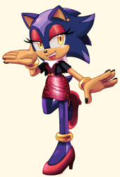 Size: 1185x1747 | Tagged: safe, artist:emthimofnight, oc, oc:stellar the hedgehog, hedgehog, alternate outfit, bracelet, dress, ear piercing, earring, eyeshadow, fankid, heels, lidded eyes, looking at viewer, oc only, painted fingernails, parent:shadow, parent:sonic, parents:sonadow, simple background, solo, walking