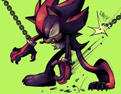 Size: 1217x943 | Tagged: safe, artist:emthimofnight, shadow the hedgehog, sonic x shadow generations, 2024, barefoot, chain, claws, gloves off, green background, looking offscreen, shackles, simple background, solo