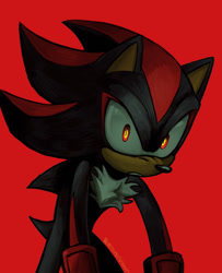 Size: 856x1052 | Tagged: safe, artist:emthimofnight, shadow the hedgehog, sonic x shadow generations, 2024, glowing eyes, looking at viewer, red background, simple background, solo, standing