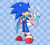 Size: 1967x1782 | Tagged: dead source, safe, artist:meteorlimit, sonic the hedgehog, cape, checkered background, hand on hip, pointing, pride, pride flag, signature, solo, sparkles, standing, top surgery scars, trans male, trans pride, transgender, wink
