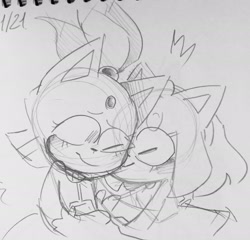 Size: 2048x1964 | Tagged: safe, artist:head---ache, amy rose, blaze the cat, cat, hedgehog, 2021, amy x blaze, cute, eyes closed, female, females only, kiss on cheek, lesbian, line art, one eye closed, shipping, sketch, traditional media