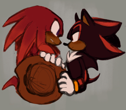 Size: 1404x1229 | Tagged: safe, artist:project-sonadow, knuckles the echidna, shadow the hedgehog, blushing, duo, frown, gay, grey background, hat, holding something, knuckles' hat, knuxadow, lidded eyes, looking at each other, shipping, simple background, standing