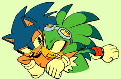 Size: 1588x1040 | Tagged: safe, artist:project-sonadow, jet the hawk, sonic the hedgehog, arm around shoulders, blushing, duo, gay, green background, looking at each other, shipping, simple background, sonjet, standing, top surgery scars, trans male, transgender