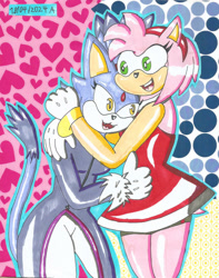 Size: 1024x1298 | Tagged: safe, artist:captain-cheto, amy rose, blaze the cat, cat, hedgehog, 2024, amy x blaze, amy's halterneck dress, blaze's tailcoat, cute, female, females only, hugging, lesbian, shipping