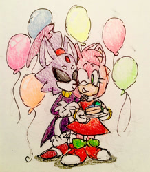 Size: 1024x1177 | Tagged: safe, artist:chazum, amy rose, blaze the cat, cat, hedgehog, 2017, amy x blaze, amy's halterneck dress, balloon, blaze's tailcoat, cake, cute, eyes closed, female, females only, kiss on cheek, lesbian, one eye closed, shipping, traditional media