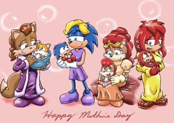 Size: 1768x1250 | Tagged: safe, artist:viraljp, bernadette hedgehog, knuckles the echidna, lady alicia acorn, lara-le, miles "tails" prower, rosemary prower, sally acorn, sonic the hedgehog, baby