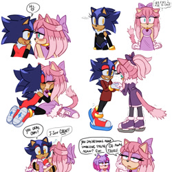 Size: 2000x2000 | Tagged: safe, artist:emthimofnight, oc, oc:camellia the cat, oc:stellar the hedgehog, oc:thistle the hedgehog, cat, hedgehog, 2024, blushing, camilla x stellar, carrying them, cute, duo focus, english text, fankid, heart, holding each other, holding hands, kiss, lesbian, looking at each other, magical lesbian spawn, oc x oc, parent:amy, parent:blaze, parent:shadow, parent:sonic, parents:blazamy, parents:sonadow, shipping, simple background, speech bubble, thought bubble, trio, white background