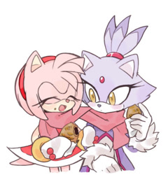 Size: 563x586 | Tagged: safe, artist:d1nga, amy rose, blaze the cat, cat, hedgehog, 2019, amy x blaze, amy's halterneck dress, amybetes, blaze's tailcoat, blazebetes, blushing, cute, eyes closed, female, females only, food, lesbian, mouth open, scarf, shipping