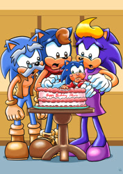 Size: 1024x1449 | Tagged: safe, artist:viraljp, bernadette hedgehog, jules hedgehog, sonic the hedgehog, uncle chuck, baby, cake, family, mother and son, younger