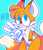 Size: 1300x1500 | Tagged: safe, artist:hedgester, miles "tails" prower, blue background, cute, looking at viewer, one fang, outline, signature, simple background, smile, solo, standing, v sign, white outline