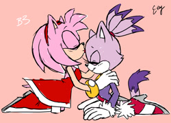 Size: 1280x914 | Tagged: safe, artist:e-vay, amy rose, blaze the cat, cat, hedgehog, 2018, amy x blaze, amy's halterneck dress, blaze's tailcoat, cute, eyes closed, female, females only, kiss on head, lesbian, shipping