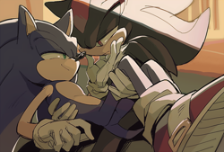 Size: 750x506 | Tagged: safe, artist:aoki6311, shadow the hedgehog, sonic the hedgehog, 2015, abstract background, duo, frown, gay, hand on another's chin, holding them, lidded eyes, looking at each other, shadow x sonic, shipping, sitting, smile