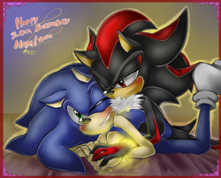 Size: 2000x1610 | Tagged: safe, artist:blueneedle-inu, shadow the hedgehog, sonic the hedgehog, 2015, bed, birthday, blushing, border, duo, english text, gay, gradient background, holding them, lying on front, one eye closed, outline, shadow x sonic, shipping, smile