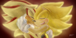 Size: 2800x1400 | Tagged: safe, artist:blueneedle-inu, shadow the hedgehog, sonic the hedgehog, super shadow, super sonic, 2014, blushing, crying, duo, eyes closed, gay, hugging, mouth open, shadow x sonic, shipping, signature, simple background, smile, super form, tears, tears of happiness