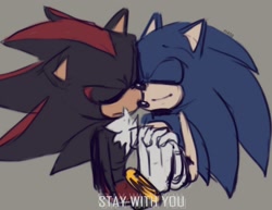 Size: 1428x1104 | Tagged: safe, artist:pirog-art, shadow the hedgehog, sonic the hedgehog, 2021, duo, english text, eyes closed, frown, gay, grey background, holding hands, shadow x sonic, shipping, signature, simple background, smile