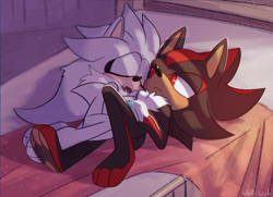 Size: 1515x1094 | Tagged: safe, artist:wolf-wick, shadow the hedgehog, silver the hedgehog, 2021, abstract background, barefoot, bed, duo, gay, holding each other, indoors, looking at them, lying down, paws, shadow x silver, shipping, sleeping, three toes