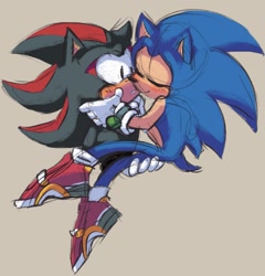 Size: 1325x1382 | Tagged: safe, artist:silvykinesis, shadow the hedgehog, sonic the hedgehog, 2021, beige background, blushing, cute, duo, gay, holding each other, shadow x sonic, shadowbetes, shipping, simple background, sketch, smile, sonabetes