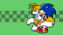 Size: 1280x720 | Tagged: safe, artist:trevor-fox, miles "tails" prower, sonic the hedgehog, 2015, abstract background, gay, hugging, lidded eyes, shipping, smile, sonic x tails, standing