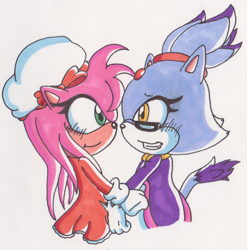 Size: 648x656 | Tagged: safe, artist:blazedoughnut, amy rose, blaze the cat, 2012, amy x blaze, blushing, lesbian, looking at each other, shipping, simple background, smile, traditional media, white background