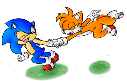 Size: 1518x971 | Tagged: safe, artist:blazedoughnut, miles "tails" prower, sonic the hedgehog, 2012, duo, eyes closed, gay, grass, holding hands, running, shipping, simple background, smile, sonic x tails, transparent background
