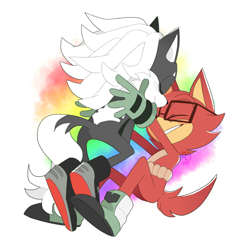 Size: 2048x2003 | Tagged: safe, artist:rukidokie, gadget the wolf, infinite the jackal, blushing, duo, eyes closed, gay, holding them, pride, rookinite, shipping, simple background, smile, white background